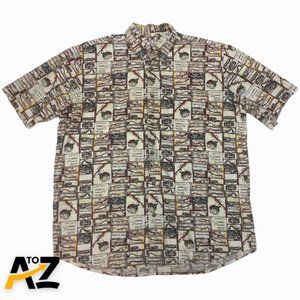 Men Crossings Fish Fishing Graphic Short Sleeve Button Up Shirt Size Medium